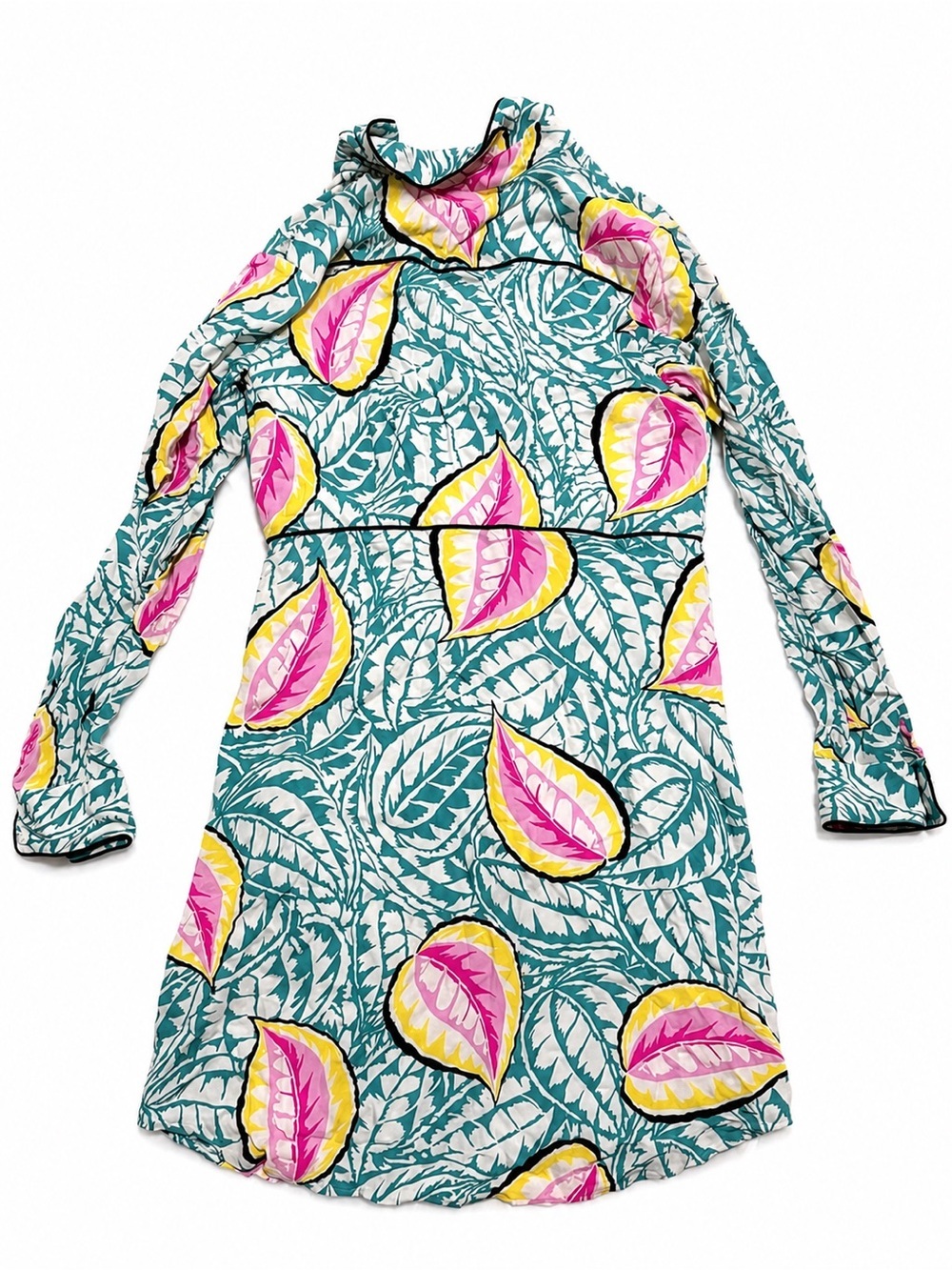 Theory Silk Shirt Dress Size 6 Leaf Print Teal Pink Button Front Missing Button - Picture 2 of 5